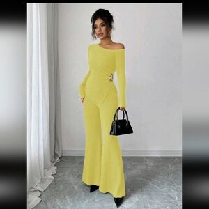 Ribbed Knit Flared Jumpsuit - Yellow